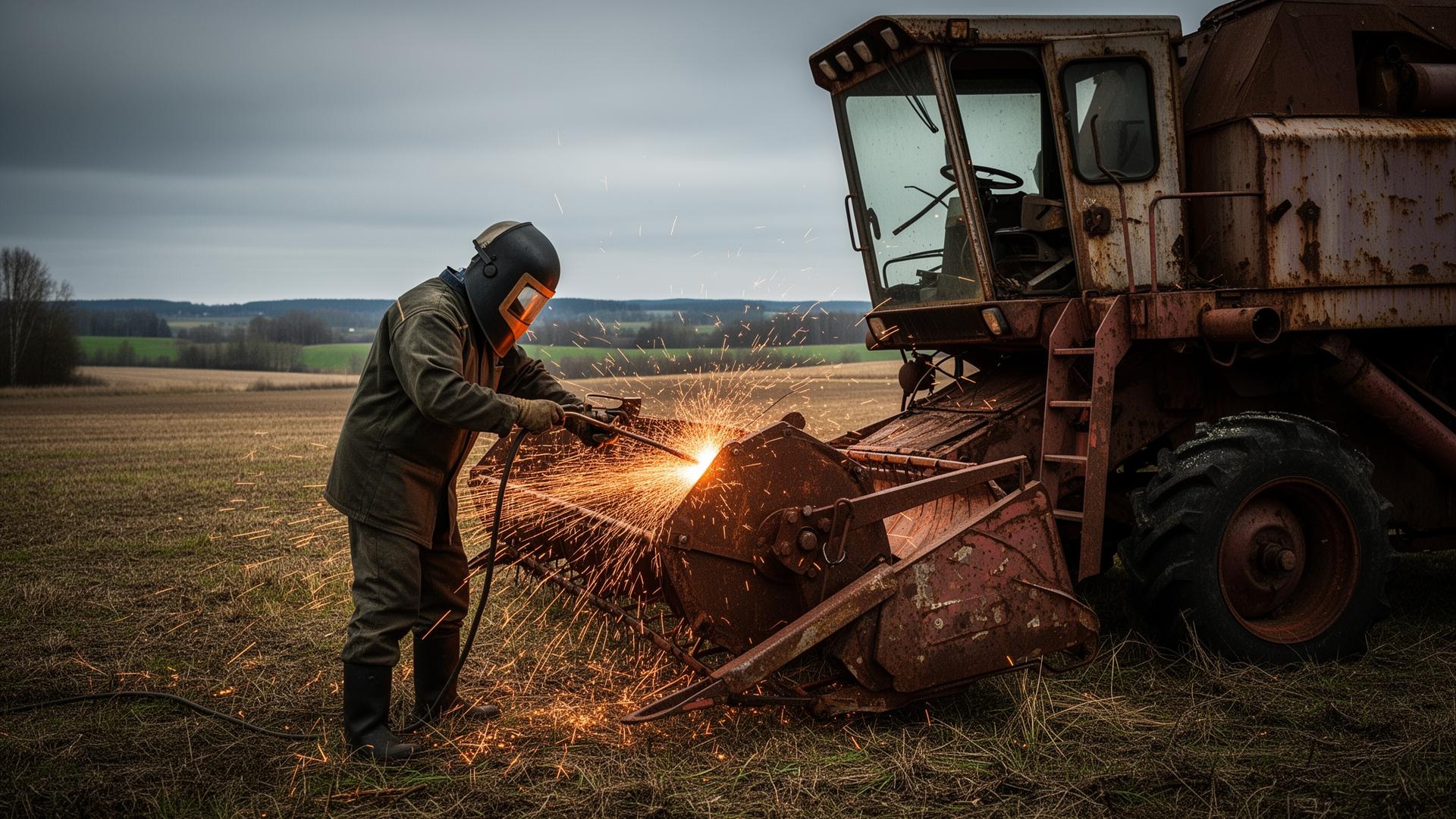 Worker cutting old combine harvester with gas torch